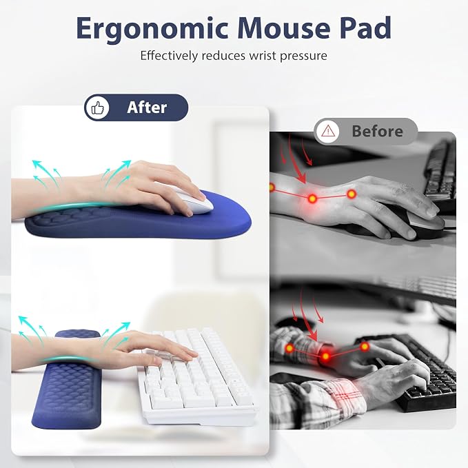 EYROZILL 3 in 1 Ergonomic Mousepad with Wrist Rest, Gaming Keyboard Mouse Pad with Wrist Support Non-Slip Base Massage Design, Pain Relief (Blue/Black) - Image 2