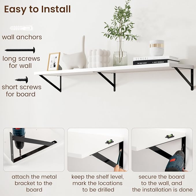 Axeman Floating Shelves for Wall White - 55 Inch Wide x 12 Inch Deep Wall Shelves Set of 2 - White Deep Wood Floating Shelves for Living Room Bedroom Laundry Room - Image 6