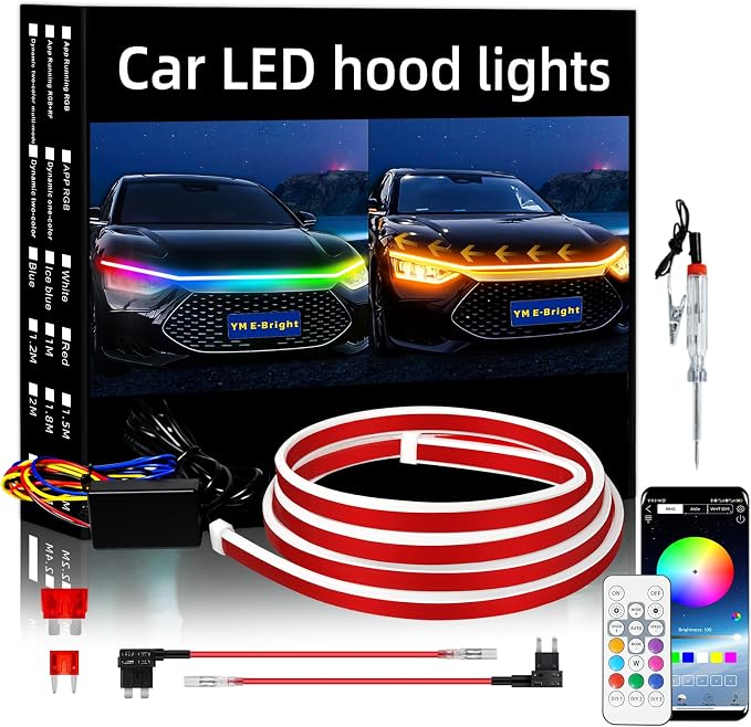 YM E-Bright LED Hood Light Strip, 59in RGB App Control Dynamic Scan DRL 12V by YME-Bright