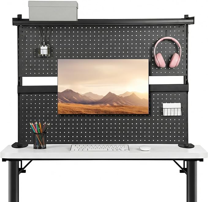 51 X 34 Inch LED Steel Clamp On Desk Pegboard with Monitor Stand Hanging | Modular Organizer Storage Shelf Privacy Panel Computer Accessories Holder For Office Dorm Home Gaming Workbench Decor - Image 3