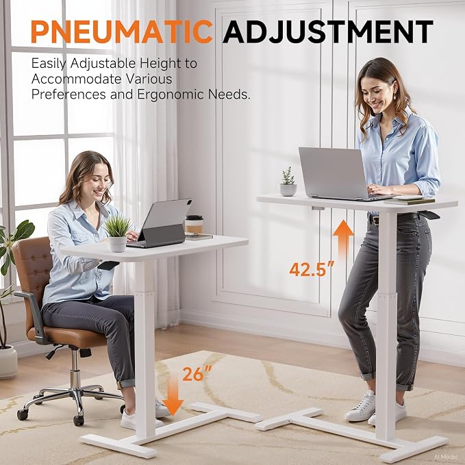 GTPLAYER Small Standing Desk with Hidden Wheels, Pneumatic Mobile Rolling Laptop Desk, Adjustable Height Overbed Bedside Table Computer Workstation for Home Office (32" W x 16" D, White) - Image 4