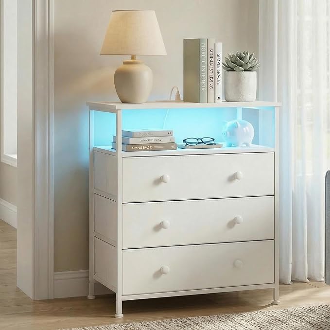 3-Drawer LED Nightstand with Charging Station, White - Image 7