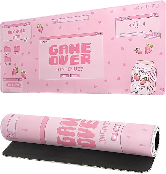 Pink Gaming Mouse Pad 27.6x11.8 Inch Pastel Game Over Large Mousepad Kawaii Office Decor for Women Non-Slip Rubber Base Stitched Edges Keyboard Mouse Mat Desk Pad for Office Home and Game by Siski