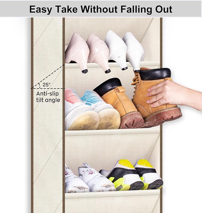 SLEEPING LAMB Over The Door Shoe Organizer for Closet with Large Deep Pockets, Narrow Shoe Rack for Door Hanging Boots Storage, Beige - Image 4
