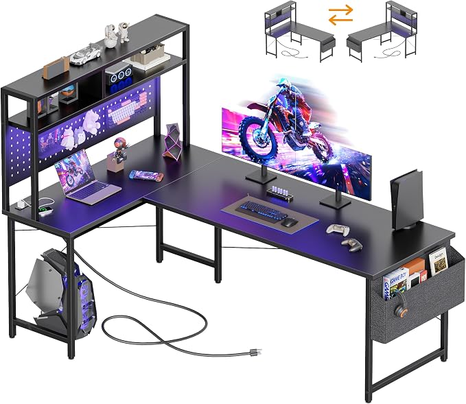 Mericonia 59 inch L Shaped Desk with Pegboard, Large Corner Gaming Desk | Reversible Computer Desk with Hutch, Power Outlets, LED Light & Storage Bag, Office Table for Home Bedroom Study Work Writing by MERICONIA