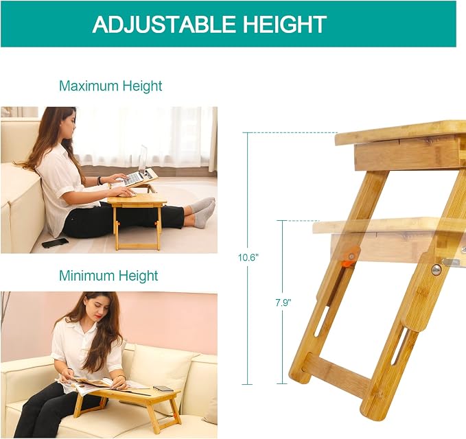 Laptop Desk for Bed, COIWAI Bed Tray,Laptop Lap Desk,Foldable Portable Tray for Sofa Couch Floor, Adjustable Height and Angle, with Tablet Phone Hold Slot,with Storage Drawer - Image 4