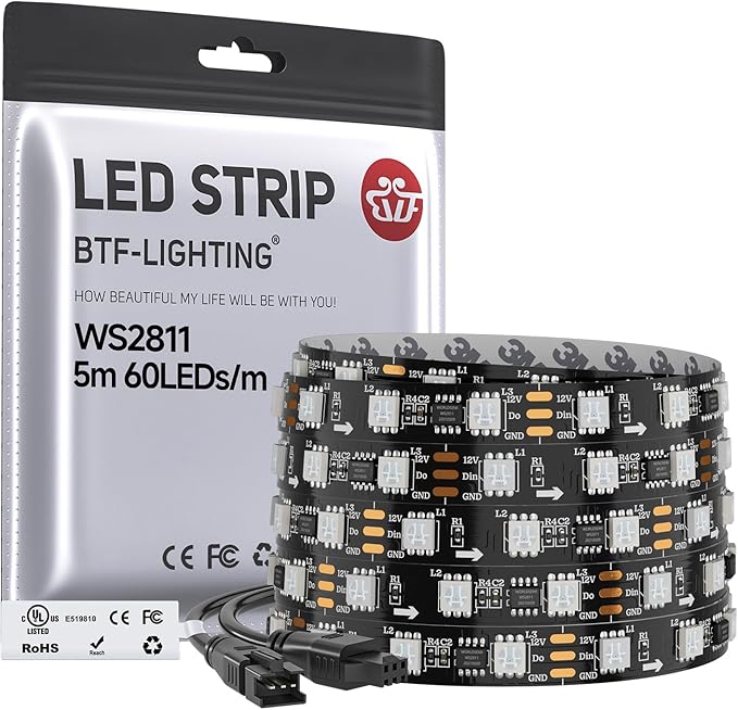 BTF-LIGHTING WS2811 Addressable RGB LED Strip 16.4FT 300LED DC12V IP30 by BTF-LIGHTING