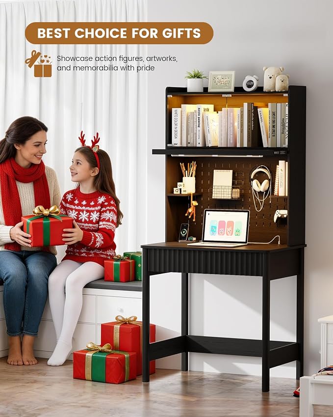 HNEBC Black Computer Desk - with Power Outlets & Chariging Station,Small Writing Desk with Hutch and Drawers,66.3''H Office Desk with Pull-Out LED Lights,Pop-up Glass Door,Pegboards,Bedroom - Image 8