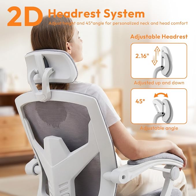 Ergonomic Office Chair with Footrest, Comfortable Desk Chair Gaming Chair | Leg Rest, Swivel Mesh Desk Chair with Headrest and Lumbar Support for Home, Office, Work, Study, Grey - Image 7