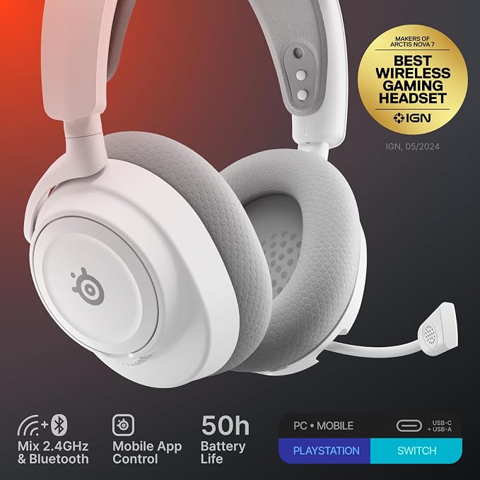 SteelSeries Arctis Nova 7 Wireless Gen 2 Gaming Headset - Real-Time App Control, 50+ HR Play, Neodymium Drivers, Mix 2.4GHz/Bluetooth, PC, PS5, PS4, Switch 1/2, Mobile - White - Image 3