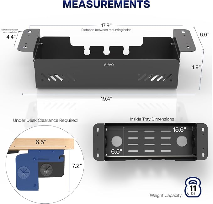VIVO 19 inch Screw-On Under Desk Cable Management Box with Flip-Open Lid, Easy-to-Open Steel Cord and Power Strip Organizer, Cable Organizer Tray, 11lbs Capacity, Black, DESK-ACMB20-S - Image 4