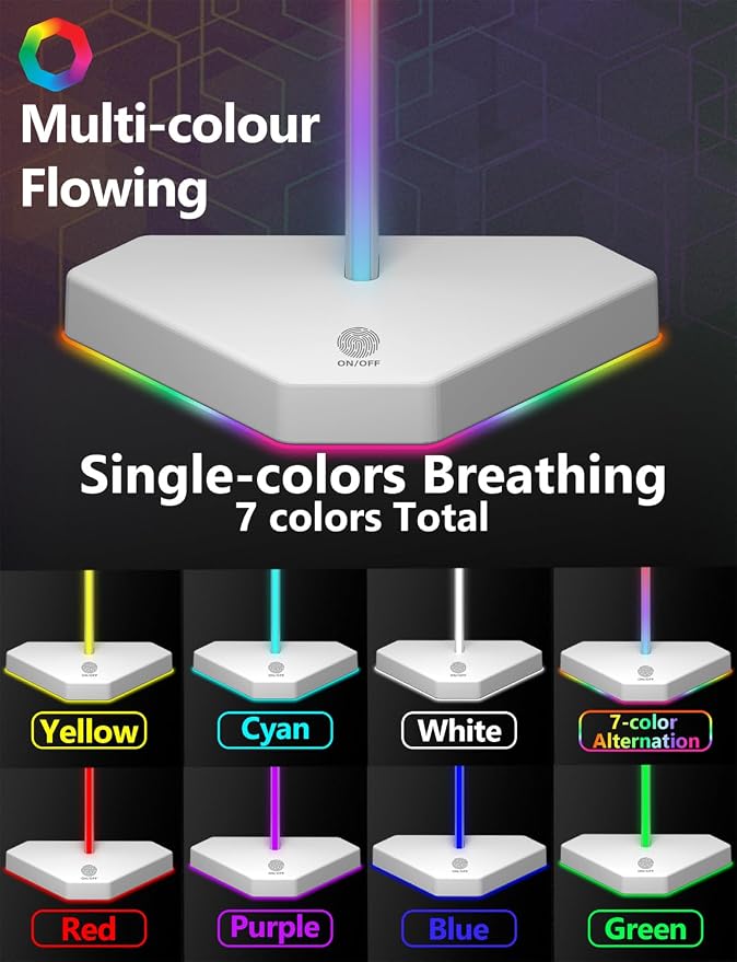 RGB Headphone Stand with 2 USB-C Charging Port and 1 USB Charging Port, Desk Gaming Headset Holder with 7 Light Modes and Non-Slip Rubber Base Suitable for All Earphone Accessories (White) - Image 3
