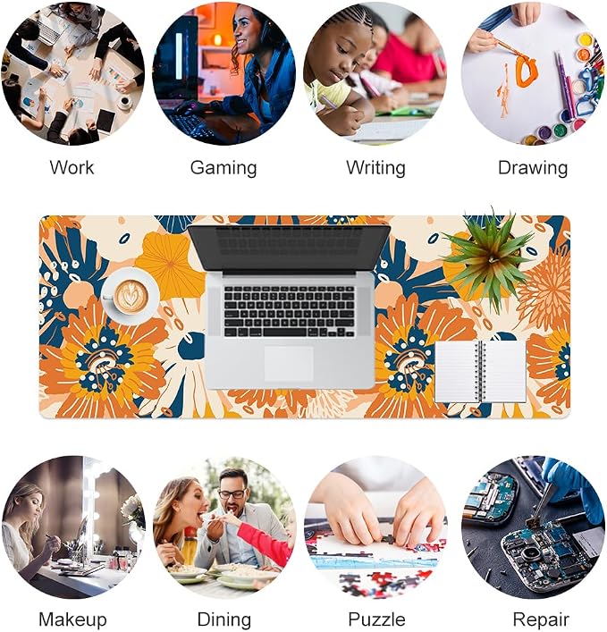 QiyI PU Leather Large Mouse Pad, Office Decor, 31.5" x 11.8", Orange Flower | Desk Décor Accessories, Extended Size, Waterproof & Easy to Clean, Smooth Surface, Non Slip Desk Organization - Image 7