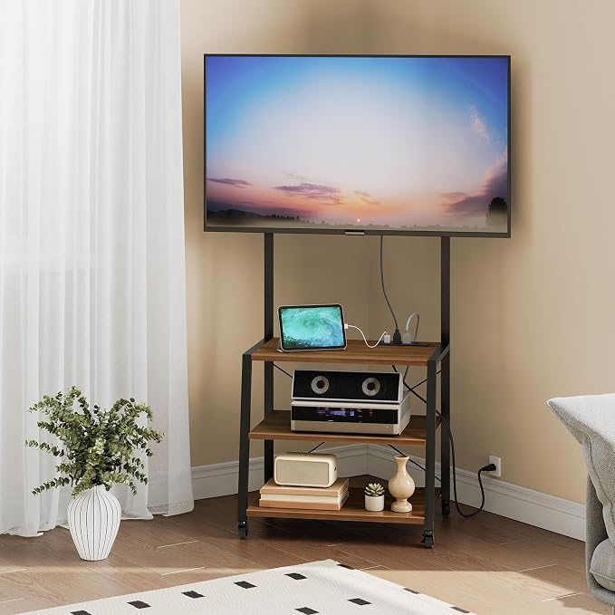HOOBRO Rolling TV Stand with Mount and Power Outlet Up to 55 inch TV, Corner Entertainment Center, Small TV Stand with 3-Tier Storage Shelves for Living Room, Bedroom, Black and Walnut BH66UDS01 by HOOBRO