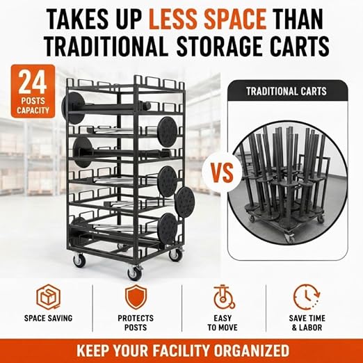 24 Posts Stanchion Cart, Crowd Control Stanchion Cart, Easy to Assemble, Horizontal Padded Storage Locking Wheels for Safety with 8 Tie-Down Straps, 32 x 32 x 77 in - Image 5