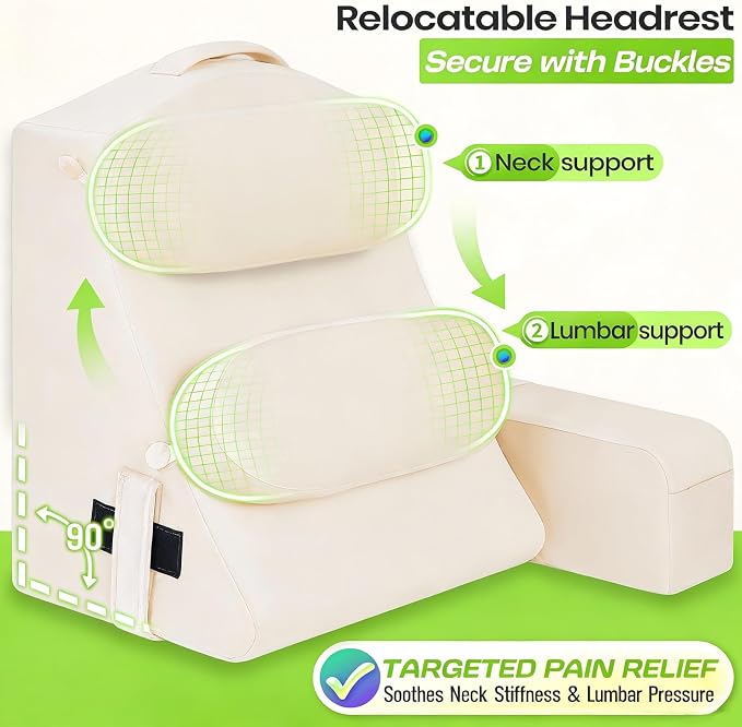 19 INCH Reading Pillow for Adults, Back Pillow for Bed Sitting Up, Backrest Pillow for Sitting in Bed, Detachable Arms with Built-in Cup & Phone Caddy (Beige, 19 INCH) - Image 4