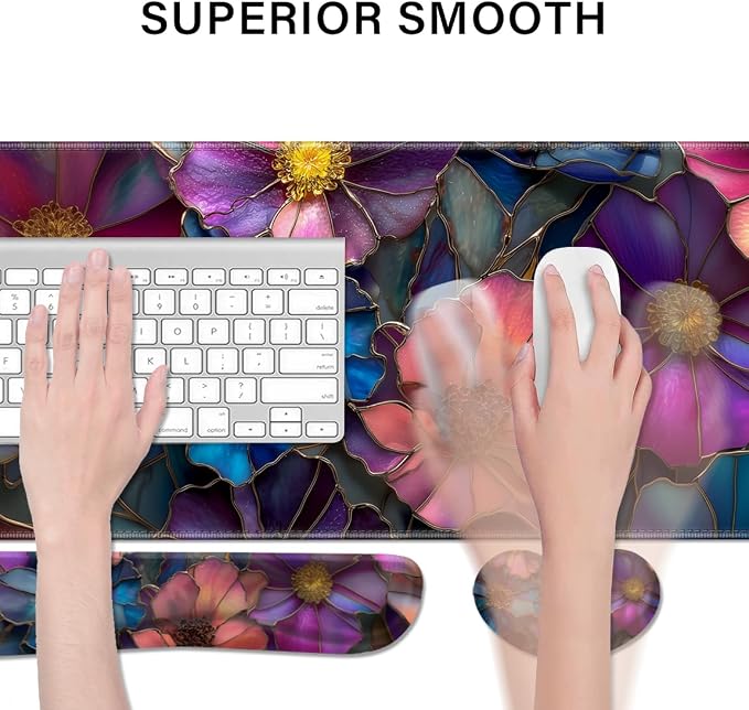 Desk Pad and Keyboard Wrist Rest, Large Mouse Pad + Keyboard Pad+Mouse Wrist Support, Non-Slip Desk Mat Protector for Office, Home 31.5×11.8 Inches Glass Flower - Image 3
