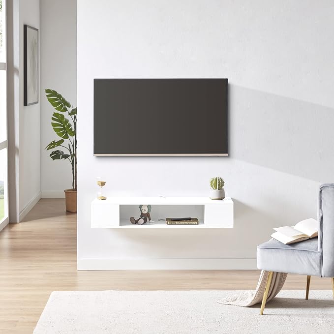 GHC Floating TV Stand, Wall Mounted Entertainment Center and Cabinet Shelf, Media Console for DVD Player, Space-Saving Under TV Shelf for Bedroom, Living Room (White) by GHC