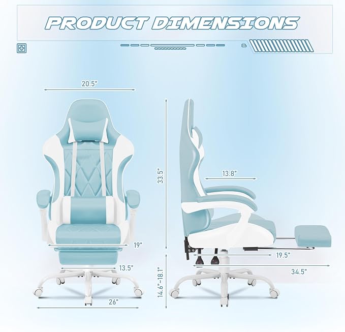 Homall Gaming Chair, Computer Chair with Footrest and Massage Lumbar Support, Ergonomic High Back Video Game Chair with Swivel Seat and Headrest (Light Blue) - Image 3