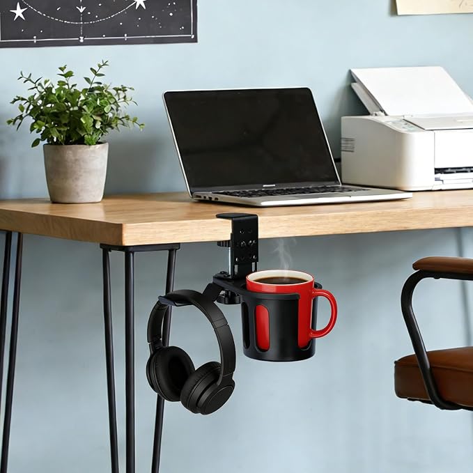 Desk Cup Holder Clamp 2 in 1 Clip On Table Cup Holder with Headphone Hanger - Image 9