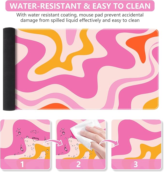 iCasso Large Mouse Pad (35.4x15.7 in), Keyboard Mouse Mat Desk Pad for Work | Desk Mat Gaming Mousepad with Stitched Edges, Game, Office, Home-Pink Topographic - Image 3