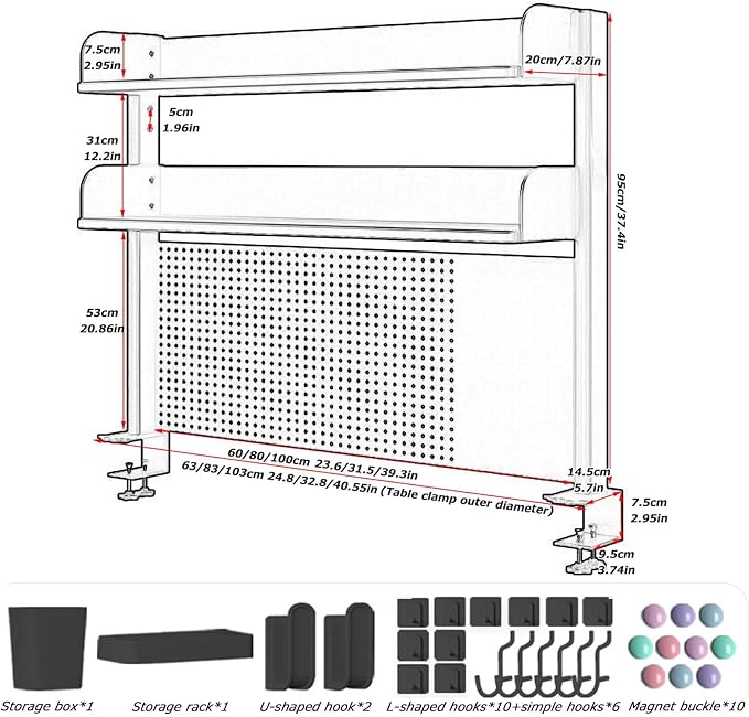Clamp On Desk Organizer Shelf, BLACK Desk Extender Pegboard Workstation,Computer Desk Accessories for Office, Privacy Panel for Gaming Desk,23.6/31.4/39.3in Desktop Shelving (BLACK, 60cm/23.6in) - Image 3