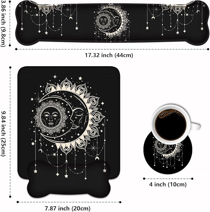 Wrist Rest Support Ergonomic Gel Mouse Pad and Memory Foam Keyboard Set, Non-Slip Rubber PU Base for Home Office Working Studying Easy Typing & Pain Relief, Celestial Theme Sun with Crescent Moon - Image 2