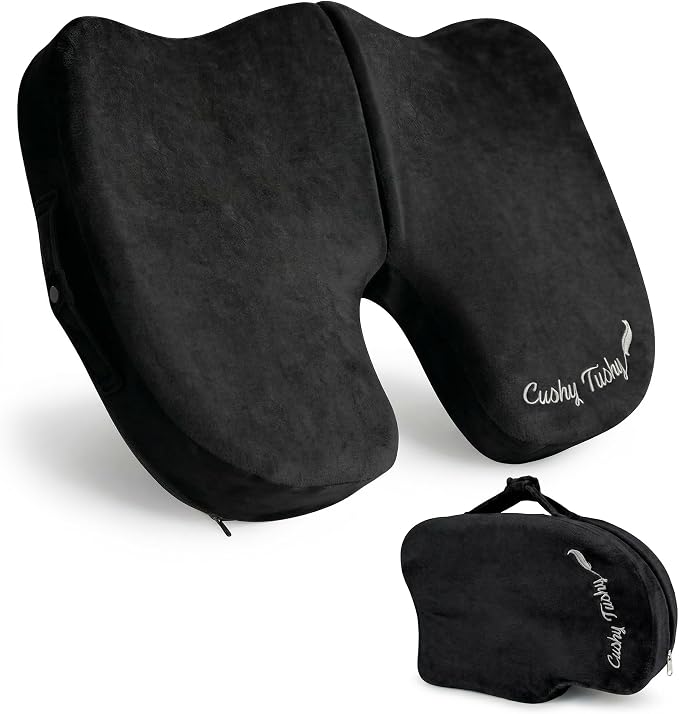 Cushy Tushy Premium Slim Foldable Travel Seat Cushion - for Relief of Lower Back, Sciatic, Butt and Tailbone Pain - for Home & Office Use, Perfect for Travel or Driving - Slim Coccyx Cushion - Black by CushyTushy