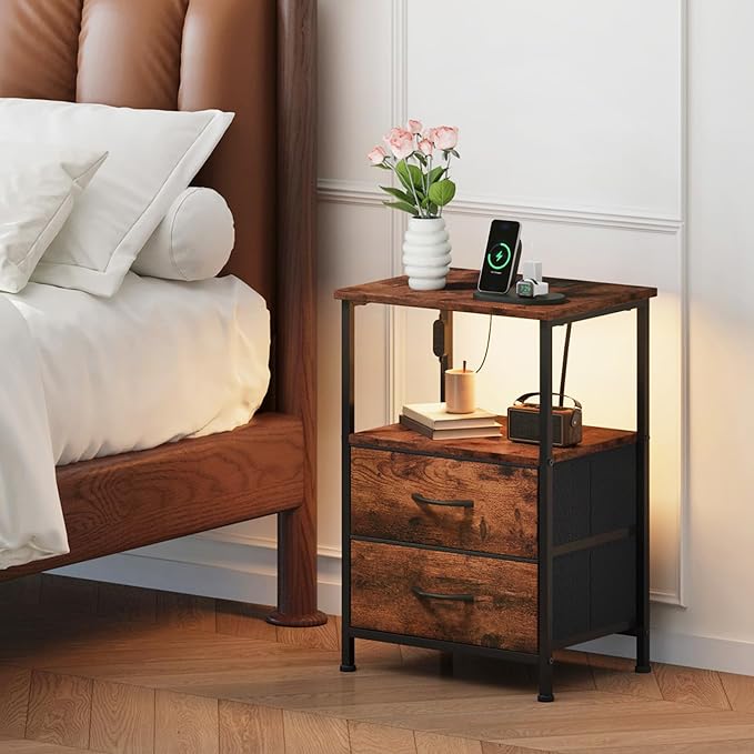 Somdot Nightstands Set of 2 with 2 Drawers, Charging Station & LED Light - Image 2