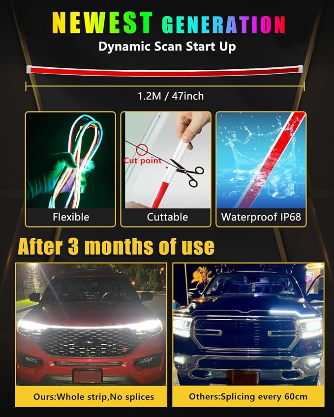 YM E-Bright LED Hood Light Strip, 47in RGB App Control Dynamic Scan DRL 12V - Image 3