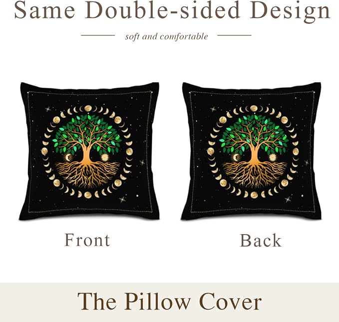 Ancient Tree Life Decorative Throw Pillow Covers Aesthetic Set of 2, Moon Luna Hippie Decor Ourdoor Pillow Cases for Couch Sofa Living Room Bed Chair Decor 18"x18" - Image 4