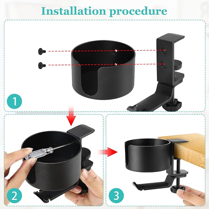 2 in 1 Desk Cup Holder with Headphone Hanger Holder, Anti-Spill Cup Holder-360° Rotation Aluminum Alloy Stand Hook Bearing Capacity 10kg/22lb Suitable for Coffee Mups,Water Cups,Bag,Headphone - Image 5
