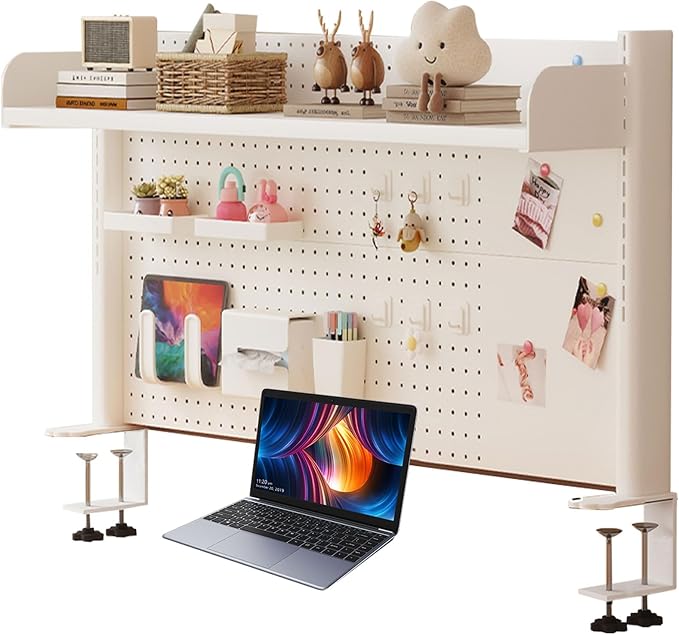 Pegboard Wall Organizer Panels.Clamp On Desk Shelf - 2 Tier Pegboard Display Rack for Home Office, Dorm, Gaming, & Computer - 23.6in White Storage Solution - Image 8
