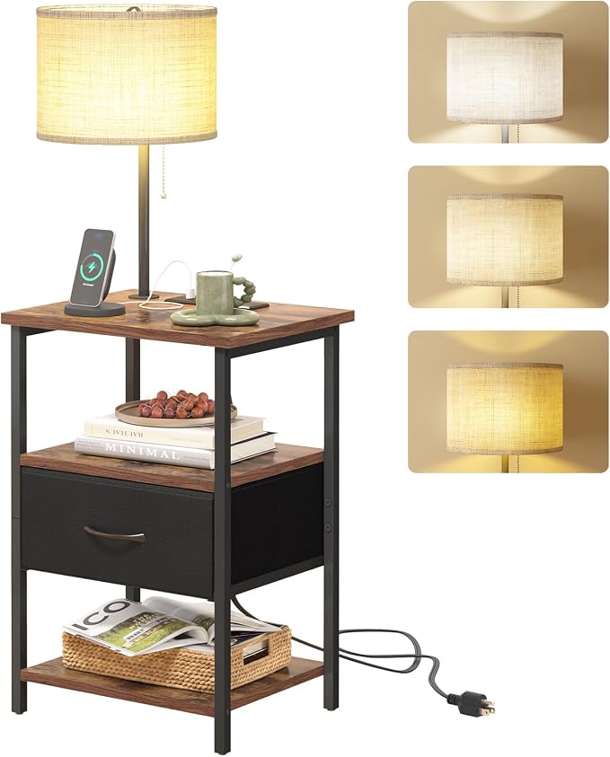 Fixwal Nightstand with Lights Bedside Table with 3 Color Temperatures Bulb, Night Stand with Charging Station End Table with Adjustable Fabric Drawer for Bedroom Dorm by Fixwal