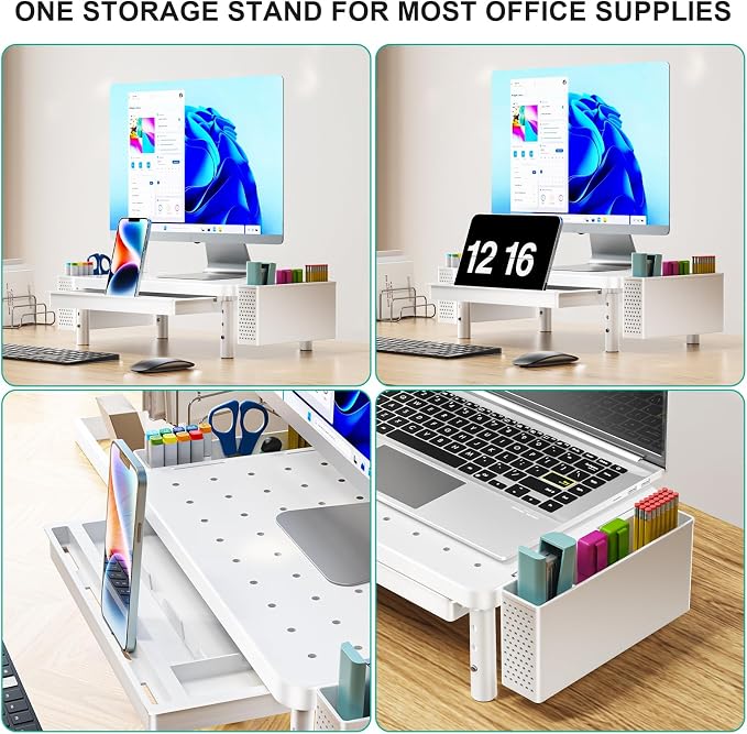 WALI Computer Monitor Stand with Storage and Pen Holder | 3 Height Adjustable Desk Organizer with Drawer, Desk Laptop Monitor Riser for Computer, Printer(PTT003-W), 1 Pack, White - Image 5