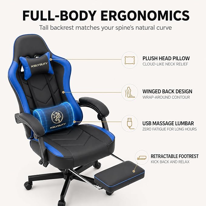 Office Desk Computer Gaming Chair for Adults, Ergonomic High Back Gamer Chair with Massage and Pocket Spring Cushion, Swivel Comfy Video Game Chairs with Footrest and Lumbar Support (Black Blue) - Image 4