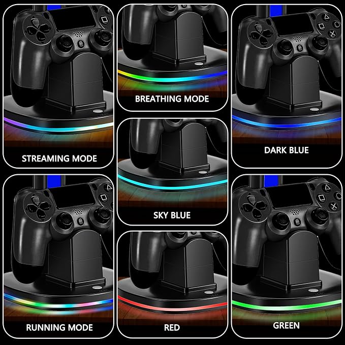 PS4 Controller Charger with RGB Headphone Stand, JDGPOKOO PS4 Controller Charger Dock Station with 2 USB Charging Ports, Headset Stand for PlayStation 4 Charging Station, Black - Image 3