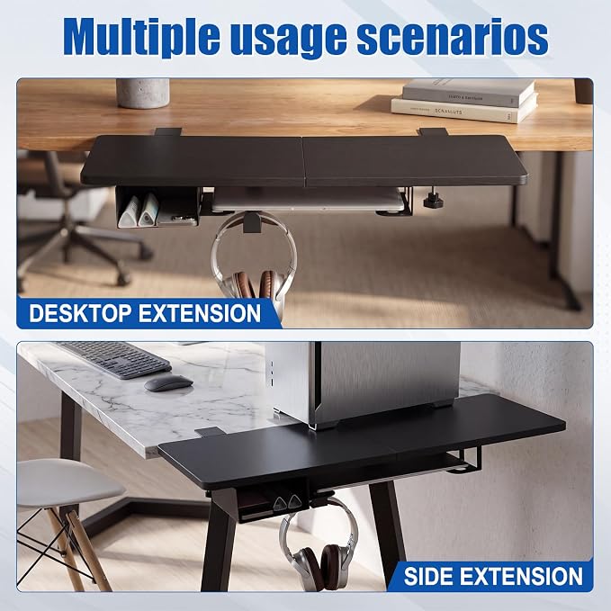 Novabright 30" x 12" Desk Extender Tray with Side Storage Rack Heavy Duty Desk Extender Under Desks Laptop Mount Keyboard Extenders for Desks with a Concealed Storage Area for Cable & Earphone (Black) - Image 6