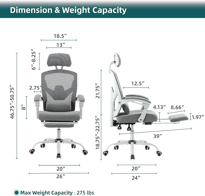 DUMOS Home Office Desk Chair, Gaming Chair with Footrest | High-Back Mesh, 360° Rolling Swivel Wheels, Comfortable Headrest, Lumbar Support, Student, Elegant Grey - Image 2