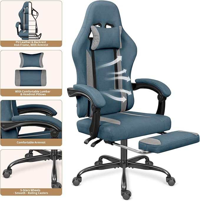 Breathable Fabric Gaming Chair with Footrest - Blue/Light Grey | 90°-135° Recline, 18.5”-22.4” Height Adjust, Breathable Fabric, Footrest for Rest, for Gaming/Office, 15 Min Assembly - Image 6