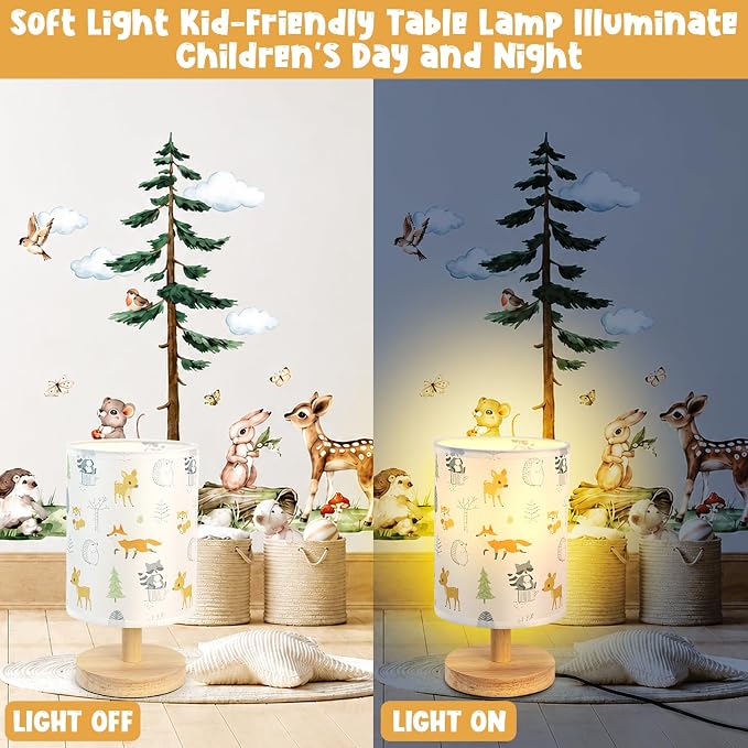 Animal Table Lamp for Bedroom Kids Bedside Lamp with Linen Wooden Nightstand Cartoon Nursery Lampshade for Boys Girls Room Decor - Image 5