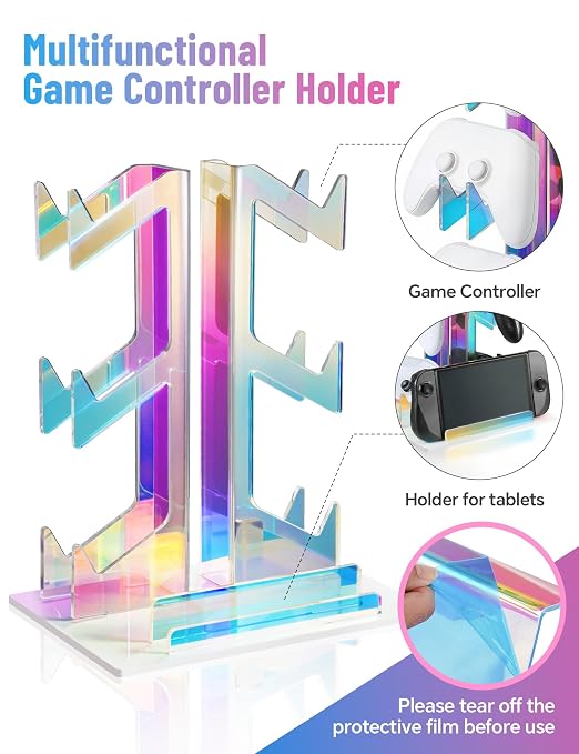 NiHome Iridescent Acrylic 3-Tier Game Controller Holder Headset Stand for PS5 Xbox ONE, Universal Game Controller Organizer Stand Anti-Slip Stable Gaming Accessories Stand (White Base) - Image 2