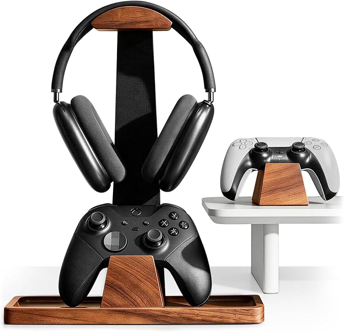 UPERGO Headphone and Headset Stand with Controller Holders for Gaming Desk | Solid Wood, Holds 2 Controllers, Storage Tray for Gaming Accessories, Compatible with PS5 and Xbox by UPERGO