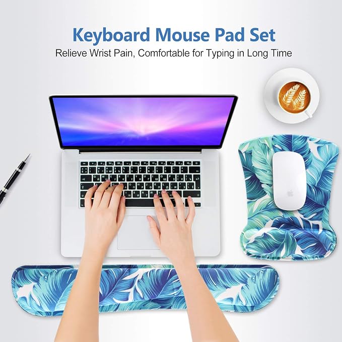 Keyboard Wrist Rest Pad Ergonomic Mouse Pad Set, ToLuLu Mouse Pad for Computer Laptop, Non Slip Mousepad Keyboard Wrist Support with Raised Memory Foam for Easy Typing Pain Relief, Tropical Leaf - Image 2