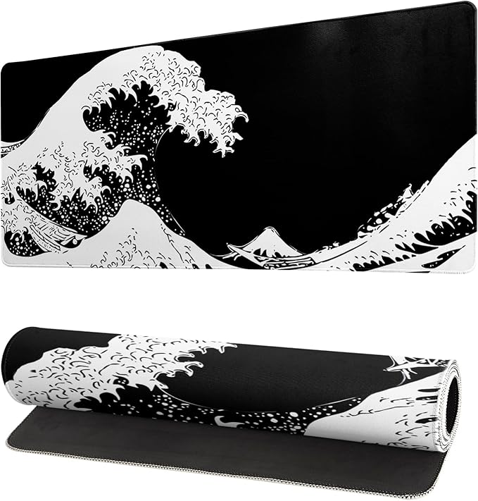 Japanese Sea Wave Large Mouse Pad, Abstract Black Gaming Mousepad, Extended Kanagawa Mat Desk Pad, 3mm Thick Long Non-Slip Rubber Base Mice Pad for Office and Home, 27.6x11.8 Inch by Siski