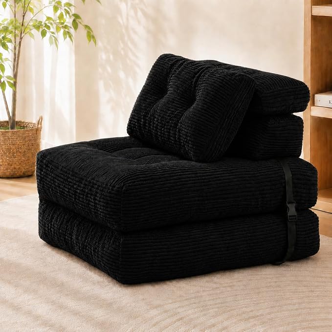 King Oasis Folding Sofa Bed, Corduroy Chair Bed with Pillows | 3-in-1 Fold Out Floor Sofa Couch with Headrest and Lumbar Pillows，for Living Room, Bedroom, Apartment, Dorm, Black by Unknown