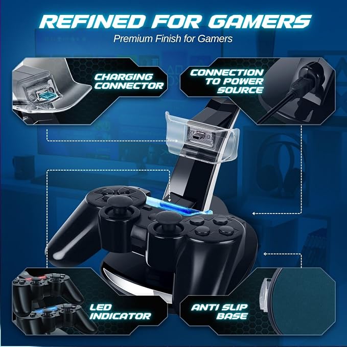 TNP Compatible with PS3 Controller Charger Stand for Sony Playstation 3 Controller compatible with Dualshock 3 Charging, 2 Tier Docking Station Stand and 2 USB PS3 Cable ports with LED Indicators - Image 4
