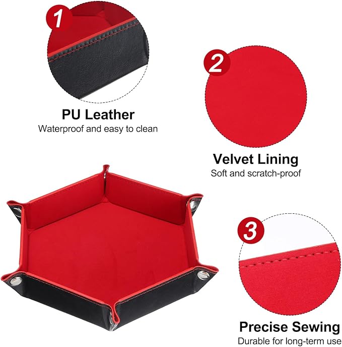 HARFINGTON PU Leather Dice Tray Unisex Valet Tray Folding Hexagon Tray Portable Entryway Table Nightstand Bedside Desk Holder for Key Wallet Watch Coin Jewelry, Red - Image 4