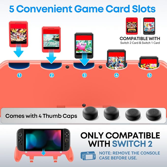 OIVO Grip Compatible with Nintendo Switch 2, Switch 2 Ergonomic Grip Case with Adjustable Stand, Comfort Game Accessories with 5 Game Card Slots and 4 Thumb Caps, Orange - Image 2