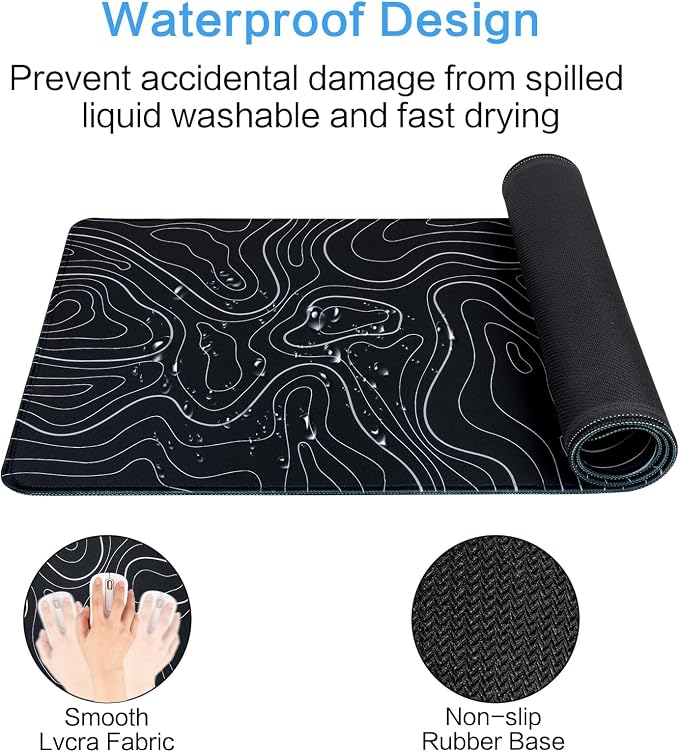Gaming Mouse Pad Large 31.5 x 11.8in Topographic Keyboard Mousepad for Non-Slip Base and Stitched Edge, Extended Desk Pad XL Desk Mat (Black) - Image 5